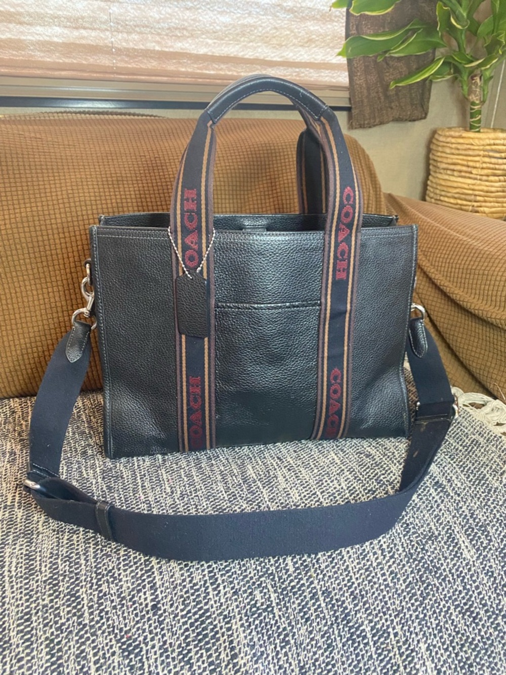 Coach Black Pebbled Tote with Logo Accent, Detachable Strap, Double Handles - Picture 7 of 17